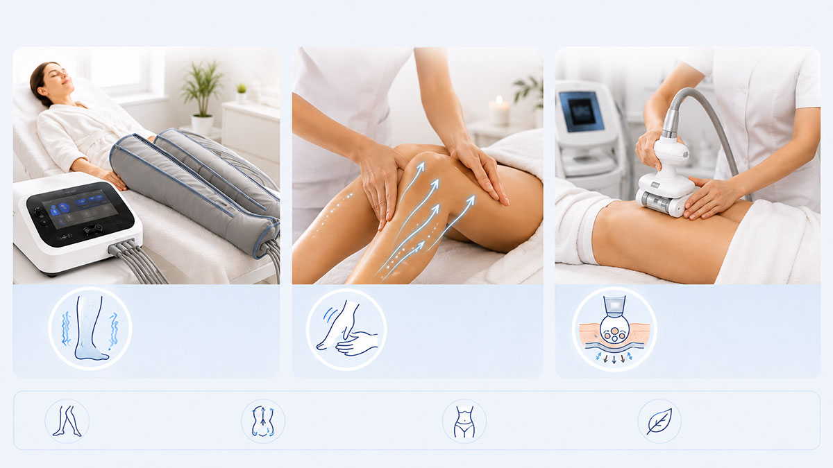 how pressotherapy, manual lymphatic drainage, and LPG massage differ
